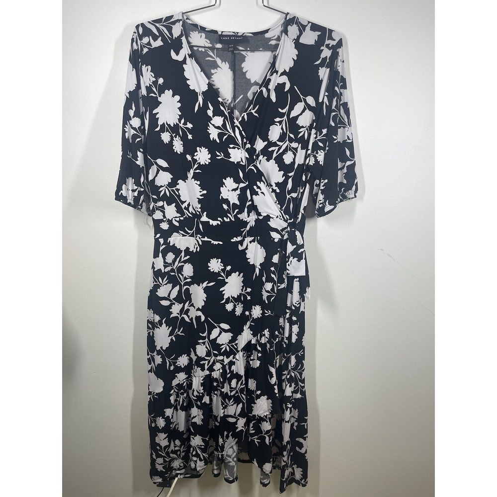 Lane Bryant Size 16 Black White Floral Faux Wrap Midi Dress With Ruffle Brunch